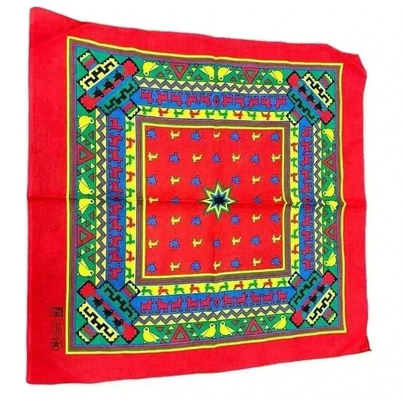 Vintage Paris Bandana Made USA Southwest Aztec Native Print Animals RED Square - Picture 1 of 4